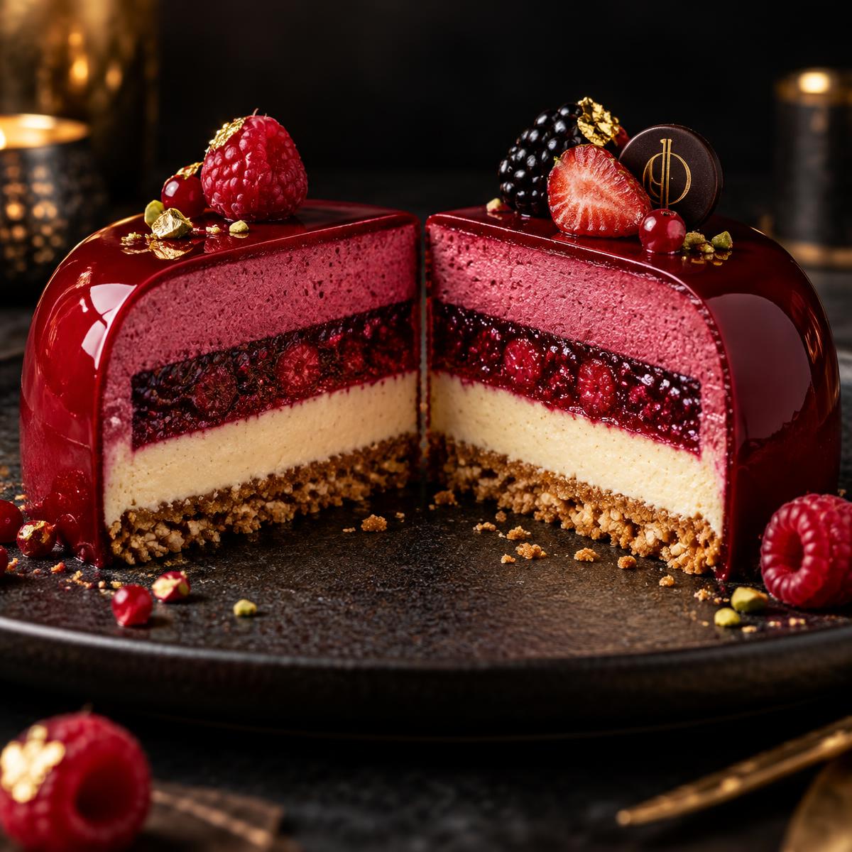 Entremet cortado ao meio mostrando as camadas perfeitas: glaçagem, mousse, inserto, creme e base crocante