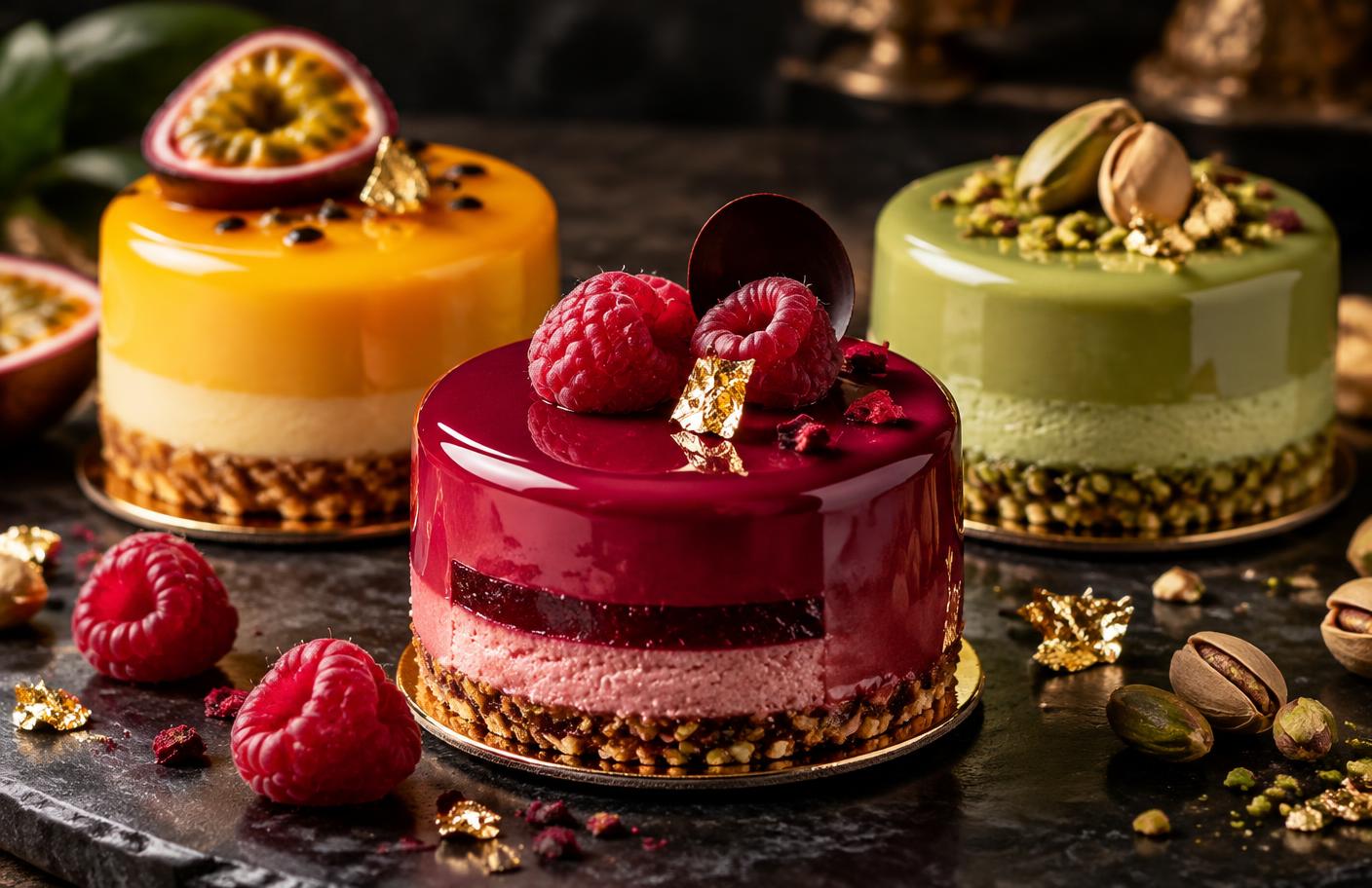 Três mini entremets com glaçagem espelhada nas cores framboesa, maracujá e pistache